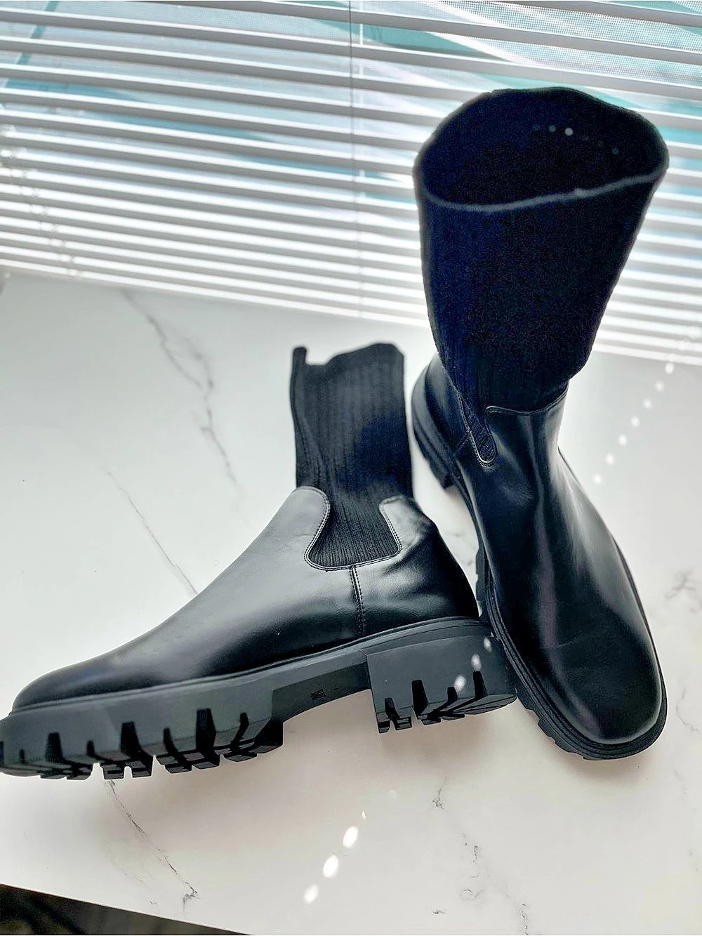 Zara Ribbed Sock Chunky Ankle Boots with Track Sole Black